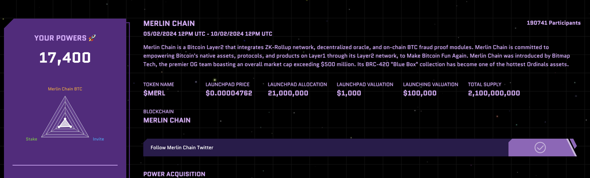 Follow the first #ALLY #launchpad for #MerlinChain 

Link: merilnchain.io

💎Stake up to 2,000,000 $ALLY, get up to 80,000 Power

🐳Hold BTC on Merlin Chain’s Mainnet. +1000 Power for every 0.00025 BTC in your wallet, get up to 80,000 Power.

#MerlinLayer2 #MerlinL2