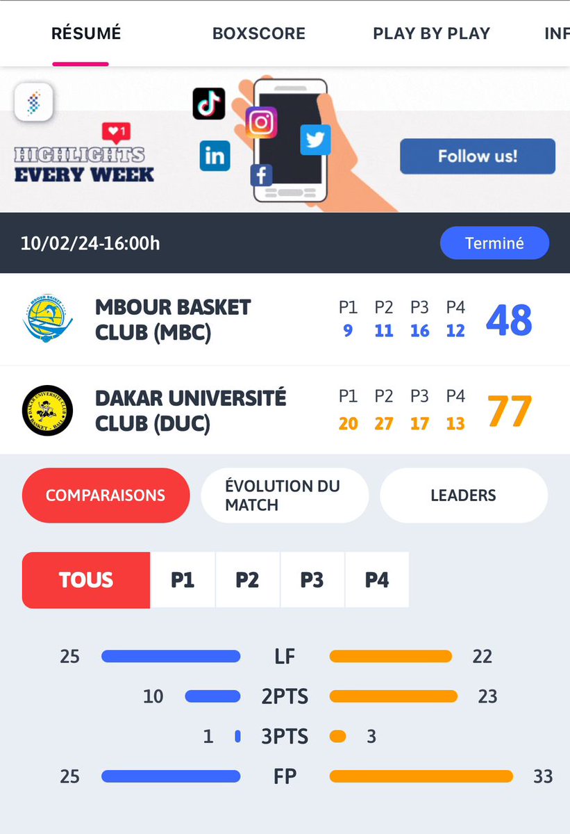 2E JOURNÉE NATIONALE 1 FÉMININ 

Deuxième victoire des DUCHESSES 

MBOUR 4️⃣8️⃣ — 7️⃣7️⃣ DUC 

@traoreaichata_  2️⃣5️⃣ Pts ( Aichata Traoré)
Ndeye Awa kebe   1️⃣7️⃣ 

FORZA DUC 💛🖤

#ducbasket #Senegal #Fsbb