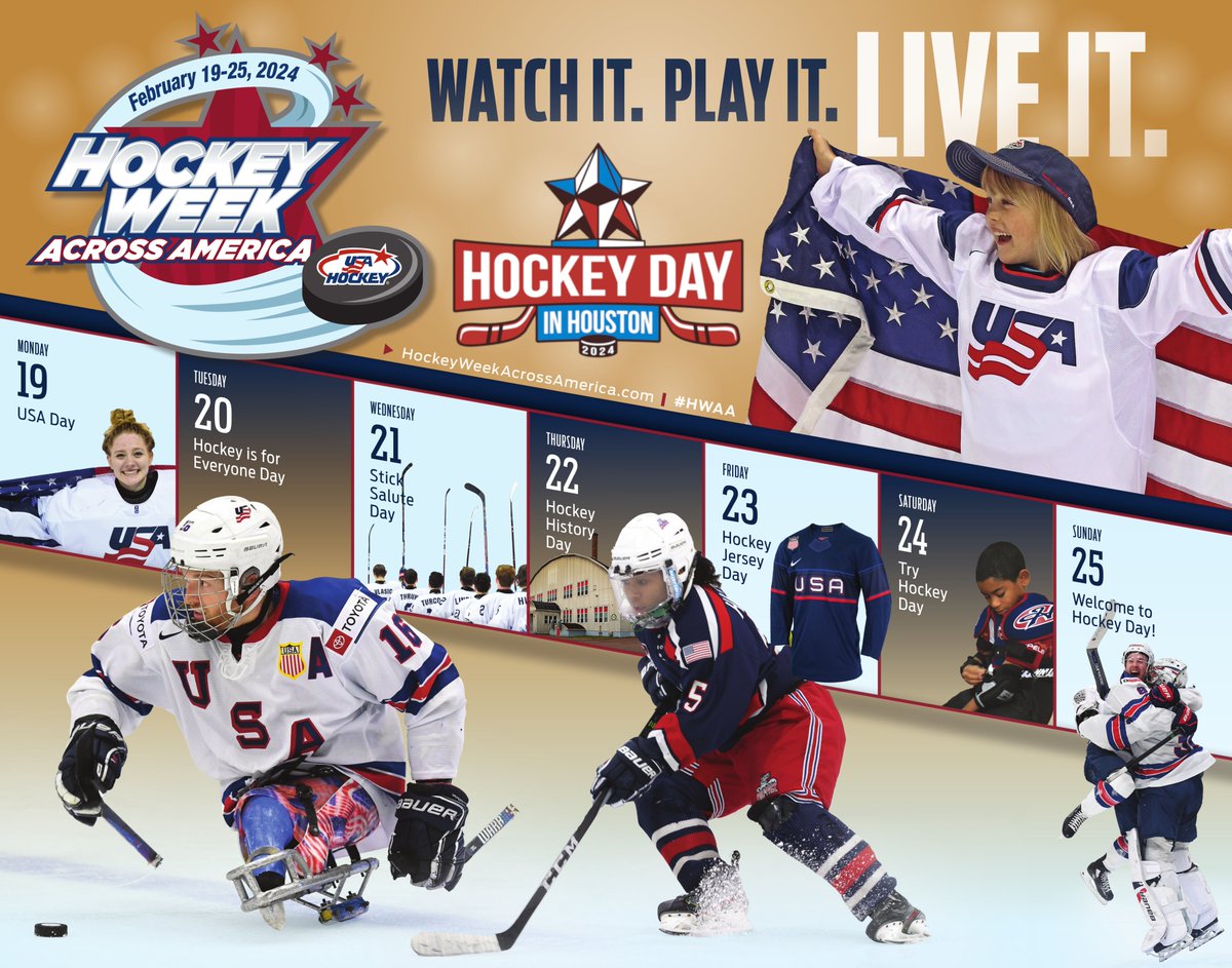 HoustonHPIB's tweet photo. Join us in celebration of  @usahockey 's,  Hockey Week Across America, beginning February 19th with @HockeyDayInHTX  on February 24th!
Each day during #HWAA, we encourage participation to showcase how great a sport hockey is and why Houston Is A Hockey Town! https://t.co/MdpBm1CgUw