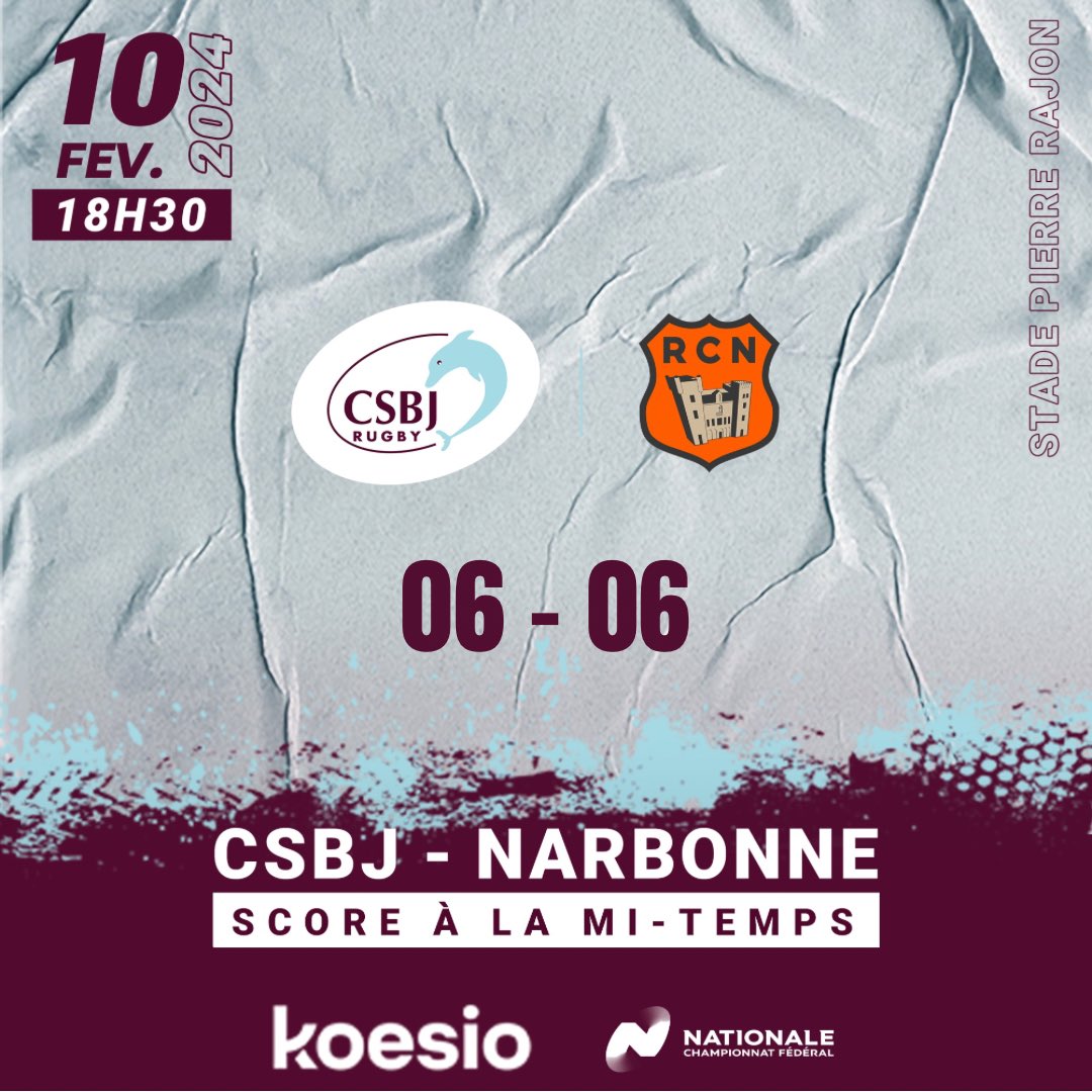 🏉 SCORE À LA MI-TEMPS : CSBJ Rugby - NARBONNE Présenté par Koesio Bourgoin-Jallieu. C’est la pause au Stade Pierre Rajon 🏟 Le score est de 06 - 06 ! On continue de soutenir nos ciel et grenat !!! Allez Bourgoin ! 🐬🏉 #csbj #rugby