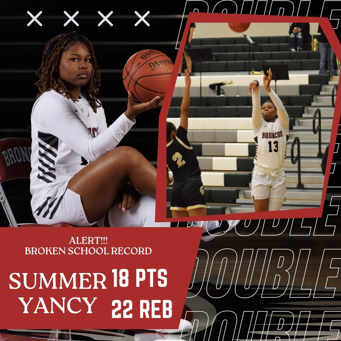 🚨NEW SCHOOL RECORD🚨
In the past 2 weeks <a href="/YancySummer/">Summer Yancy</a> has set two new school records! Against Blue Springs South she had 8 blocks. And while obtaining her 13th double double this season against Lee’s Summit she grabbed 22 rebounds! Way to be extremely unselfish &amp; hardworking!