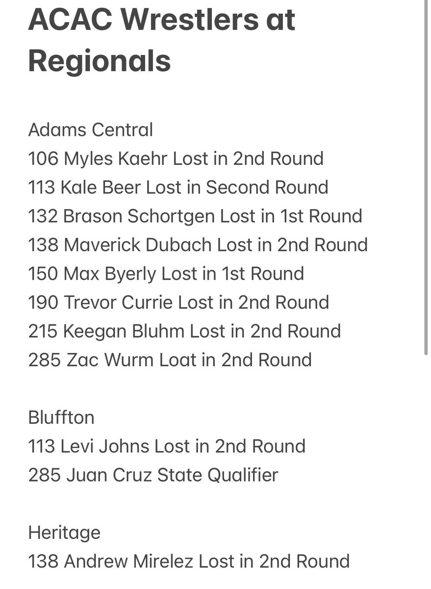 ACACAthletics's tweet photo. 4 ACAC Athletes have punched their ticket to the @IndianaMat State 

Congrats to 

Bluffton’s Juan Cruz

Jay County’s Cody Rowles

Jay County’s Tony Wood

South Adams’s Colt Bollenbacher 

Below are the complete results through the 1st 2 rounds of the Fort Wayne Semistate https://t.co/G9W4v4LCRv