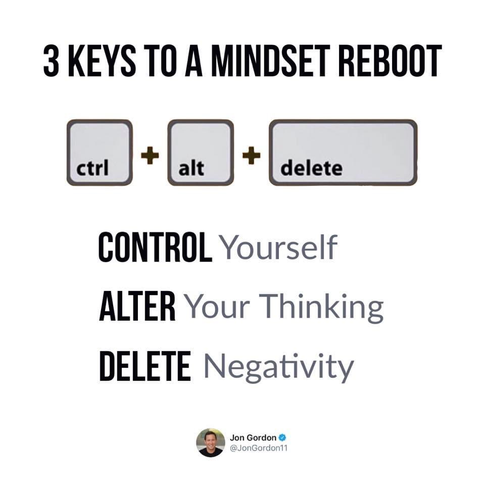 3 keys to a mindset reboot:

Control Yourself - You might not be able to control all of your circumstances but you can control how you respond to them.

Alter Your Thinking - As Henry Ford said, “Think you can or think you can’t. Either way, you’re right.”

Delete Negativity - Be