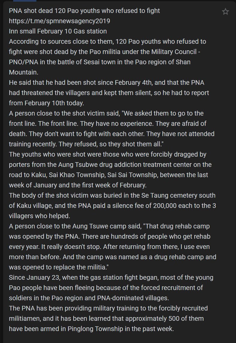 sheehanj920's tweet photo. Already, Shwe Phee Myay report junta-aligned PNA/PNO have slaughtered upwards of 120 youth who refused to fight for them (reportedly taken from a so-called "drug treatment center" operated by PNO to further recruit for militias).

https://t.co/Usge95zHpD

#WhatsHappeningInMyanmar https://t.co/13ou1rOAMz