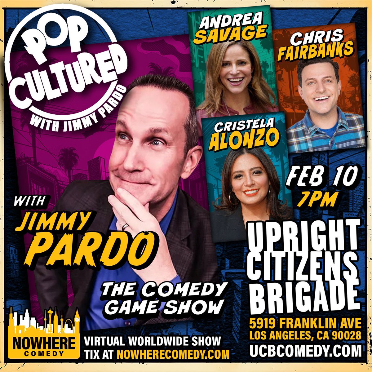 TONIGHT! @jimmypardo hosts @PopCulturedGame game with an awesome lineup o’ comedians: @andreasavage @chrisfairbanks @cristela9 & Mitch Silpa! Tix: ucbcomedy.com/show/pop-cultu…. Or stream @NowhereComedy!