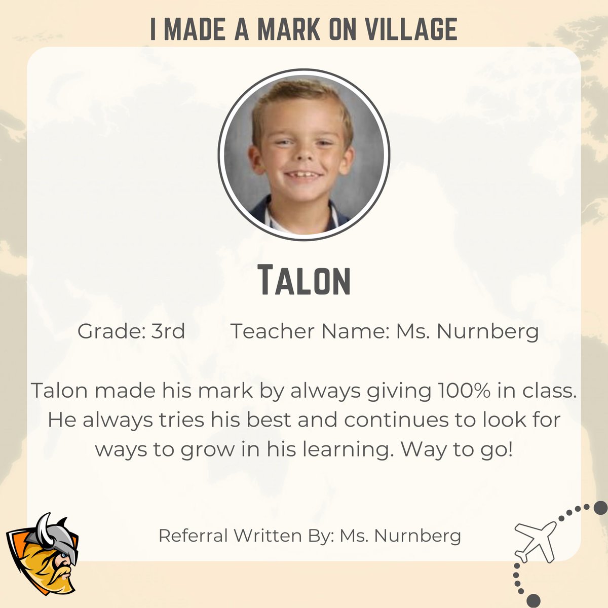 RLVillageSchool's tweet photo. Congratulations to this 3rd grader, Talon, who made his mark by always giving 100% in class. He always tries his best and continues to look for ways to grow in his learning. Way to go!
#116Pride #positivereferral #villagevikings116 #WeAreRL https://t.co/GltP0Wrv9o