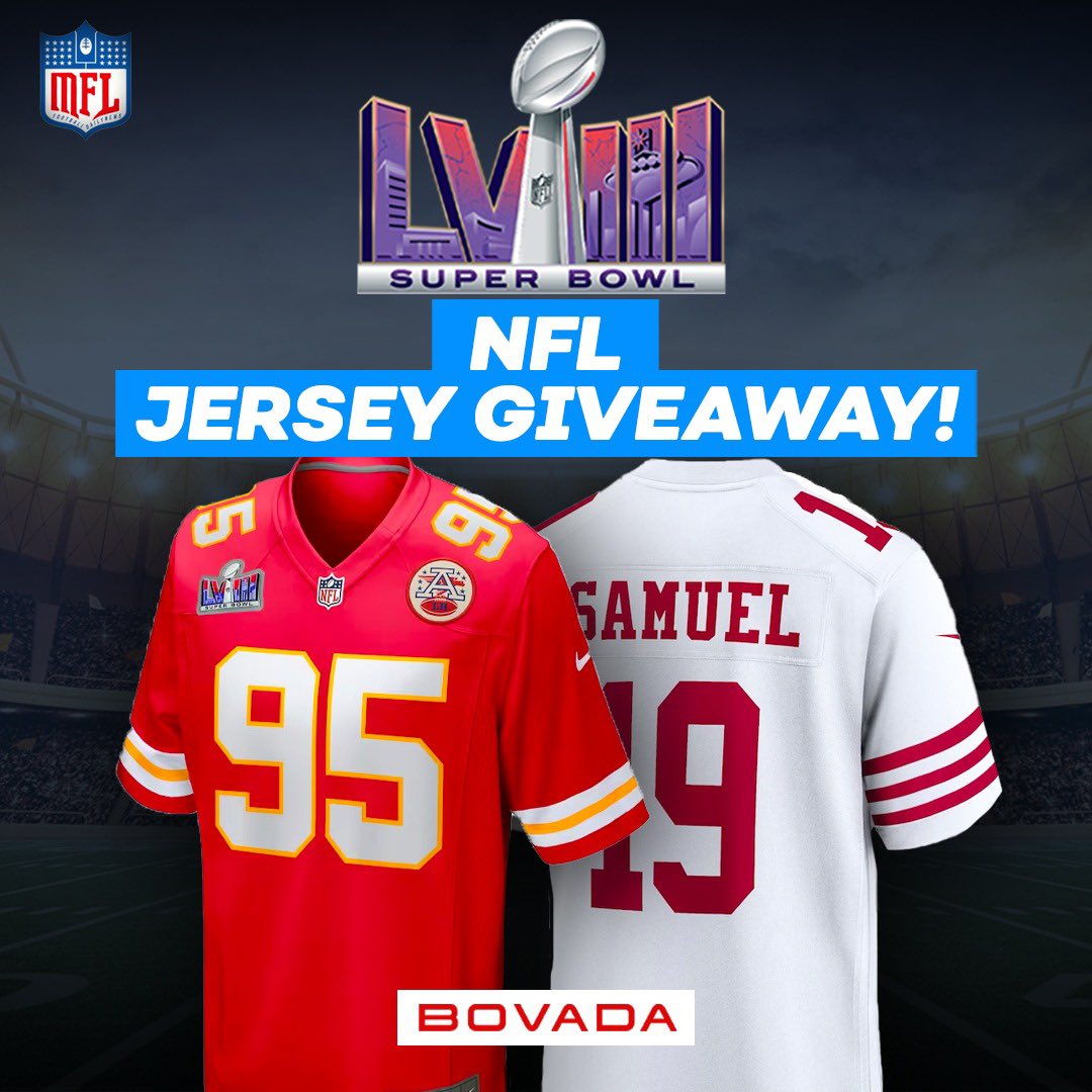 🏈 NFL JERSEY GIVEAWAY! 🏈

We are partnering with our friends at <a href="/BovadaOfficial/">Bovada</a> to give away a NFL jersey, your choice of team/player, for the #SuperBowl!

To enter:

- Follow <a href="/BovadaOfficial/">Bovada</a> &amp; @_MLFootball
- Re-post and reply below who you think will win Super Bowl 58

Winner