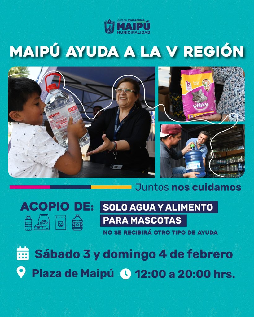 Muni_Maipu's tweet photo. ¡Atención vecinas y vecinos! 📍Hoy y mañana dispondremos de un punto de acopio para apoyar a la comunidad de la V Región debido a los incendios que se están desarrollando 🙌 

Trae sólo agua embotellada y/o alimento para mascotas, otro tipo de aportes no serán recibidos. https://t.co/tV3C8eSfiL