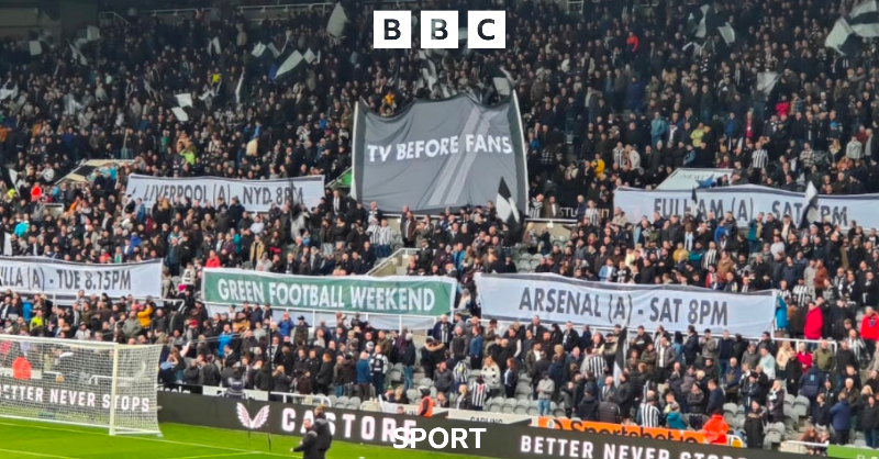 bbcnewcastle's tweet photo. ⚫️⚪️"TV BEFORE FANS"

@worflags display protesting against the "disgusting kick-off times" the supporters have had to contend with this season. 

#NUFC