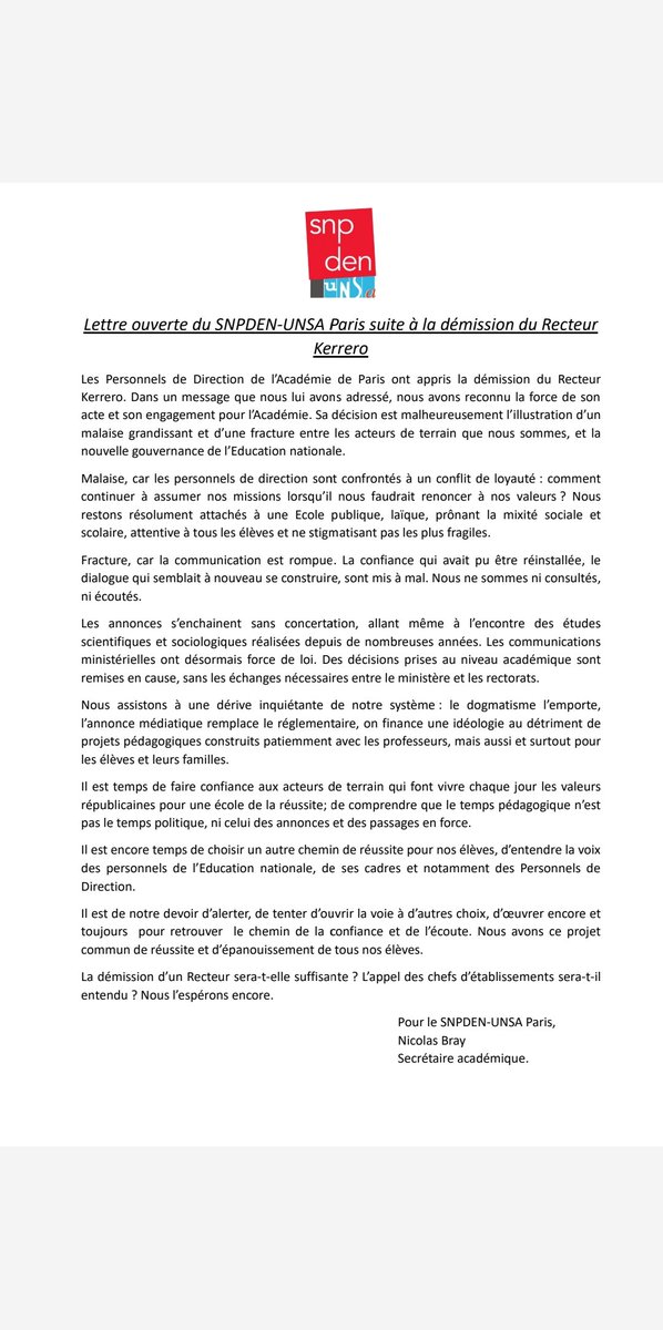 Ca craque à l éducation nationale...  Après la démission brutale du recteur de Paris, les chefs d établissements dénoncent  "une fracture entre les acteurs de terrain et la nouvelle gouvernance" incarnée par Amélie Oudéa-Castéra