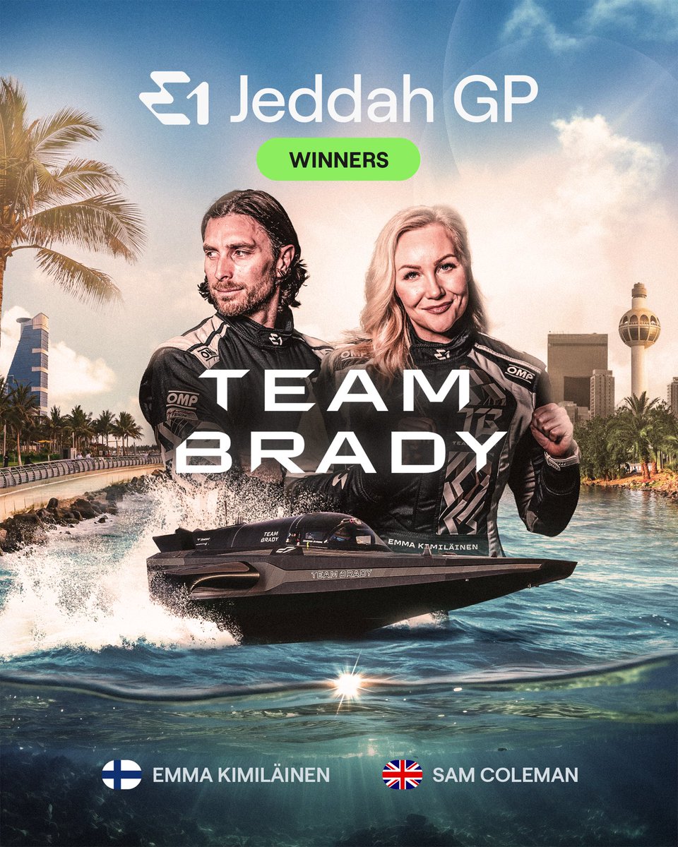 E1Series's tweet photo. HISTORY! @e1teambrady are the first ever race winners in the UIM E1 World Championship! 🏆

Incredible drama in the second leg of the Super Final as Sam Coleman and Emma Kimiläinen turn it around to get the W 👊

#E1Series #ChampionsOfTheWater https://t.co/Uq3P4MIT9P