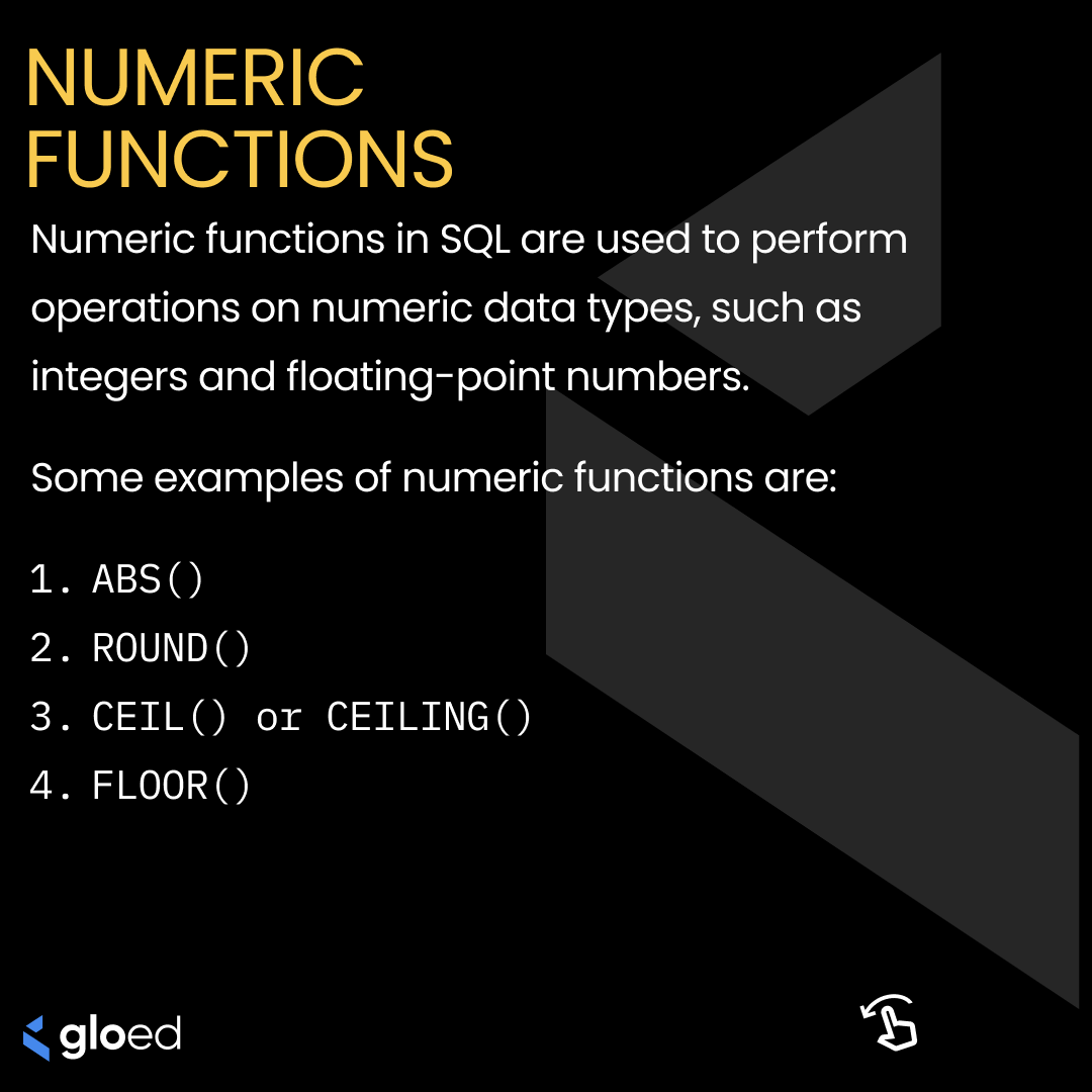 gloed_co's tweet image. Having a toolkit of essential numeric functions empowers you to perform various calculations and transformations on numerical data.
#SQLFunctions #DataManipulation #DatabaseMagic #gloed #DataSkills # Dataanalysis #TechEd