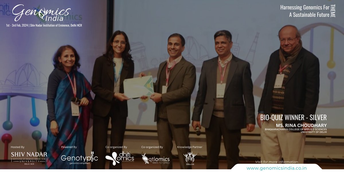 Genomics_India's tweet photo. We would like to congratulate the #GIC2024 Bioquiz winner - Silver Ms. Rina Choudhary, Bhaskaracharya College of Applied Sciences, University of Delhi on their amazing accomplishment!  Your hard work and dedication paid off!

@shivnadaruniv @genotypictech @dhitiomics https://t.co/brbGPsapSC