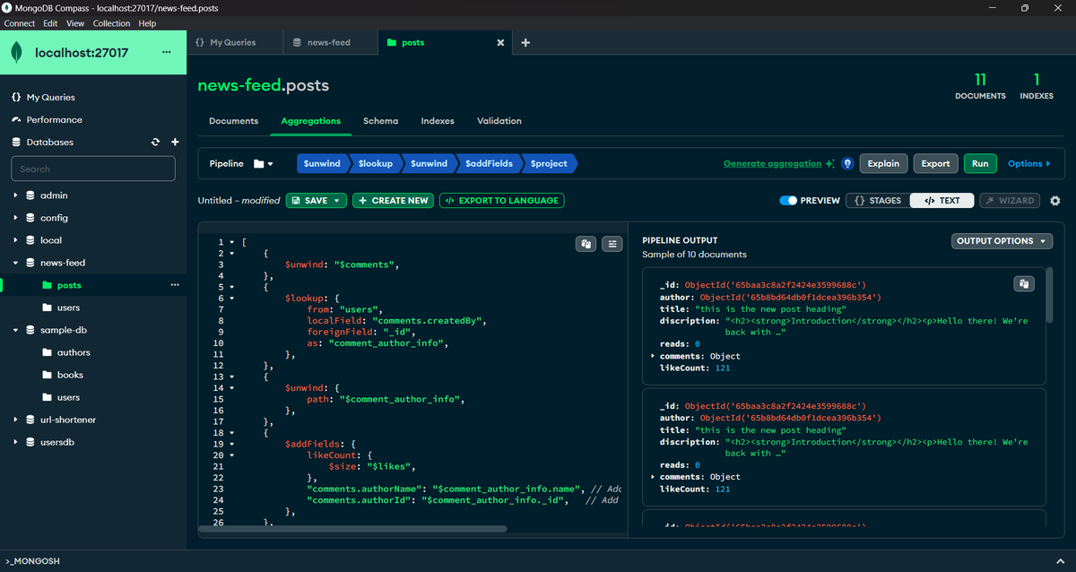 Vishwas_babar_'s tweet photo. 🚀 Today I dived deep into MongoDB Aggregation Pipelines! 💡 Explored the power of $lookup, $group, $addFields, and accumulators. Transforming data like never before! 🔄💻

 #MongoDB #AggregationPipeline https://t.co/bi3tZFUq4S
