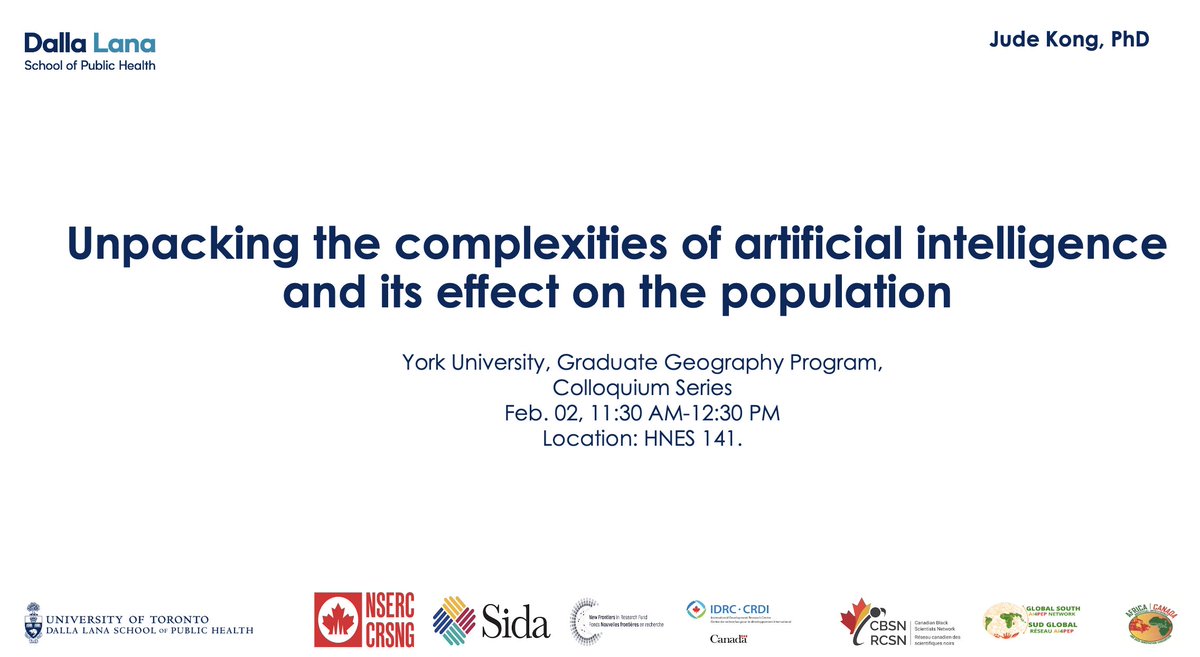 Fantastic discussion with @YorkGeography  grad students on AI for Societal Good! Delighted by their keen interest in exploring AI after my talk on 'Unpacking the complexities of AI and its effect on the population.'  Thanks to Prof. <a href="/wsteventufts/">Steven Tufts</a>  for the opportunity.<a href="/UofT_dlsph/">U of T Public Health</a>