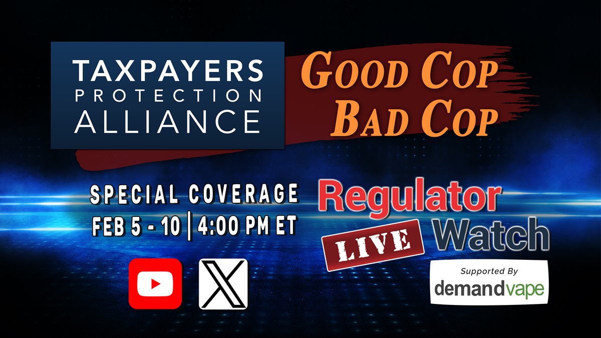 RegWatchCanada's tweet photo. Coming up… RegWatch Live Coverage of Taxpayers Protection Alliance’s “Good Cop / Bad Cop” counter-conference to #COP10. Feb 5-10 at 4:00pm ET. Supported by Demand Vape. @Protectaxpayers @NannyFreeState @lmstroud89 @INNCOorg @GFNicotine @alli_vapes @GrimmGreen @VaporTechAssoc https://t.co/aNKHMlnYDW