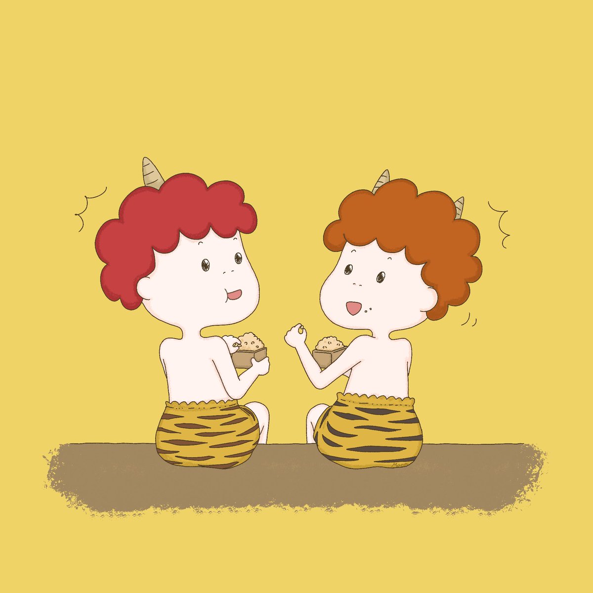 【つまみ食い/Nibble on the sly】
ばれた…！😋

鬼たちが豆をつまんでます🤫

私は恵方巻きも大豆も食べず、、🥹
今日はキムチ鍋であたたまりました👏笑

#節分の日