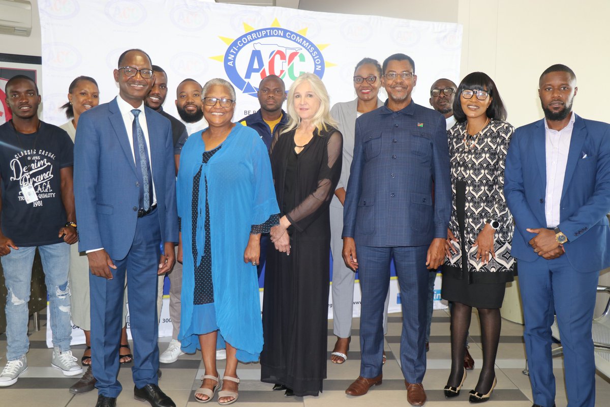 ACCNamibia's tweet photo. Hon. Elma Jane Dienda, Member of Parliament and Chief Whip of the Popular Democratic Movement (PDM), in the company of Mr. Hamlet Luboni, paid a courtesy visit to Mr. Paulus Noa, Director-General of the Anti-Corruption Commission. #Bepartofthefight @PDM @Parliamentnamibia https://t.co/nj7txPqvdv