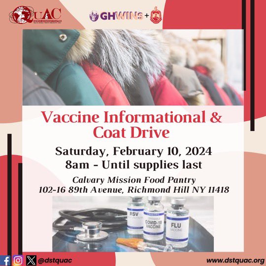 DSTQuAC's tweet photo. Queens Alumnae Chapter will be hosting a winter coat drive. Our goal is to provide new or gently used coats to children and adults while promoting immunization health. Information on vaccinations will be available.
#DSTQuAC
#KeepingQueensWarm
#Donate
#Immunizationhealth
#GHWINs https://t.co/WcLID6OvOV