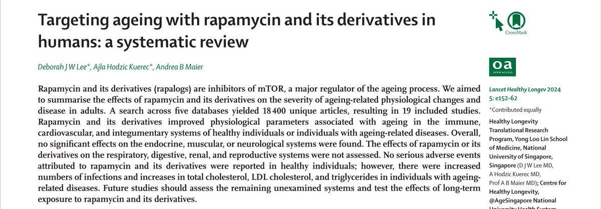 New systematic review of the impacts of rapamycin & rapalogs on human organ function: “Rapamycin and its derivatives improved the immune, cardiovascular, and integumentary systems in healthy individuals or individuals with ageing-related diseases.”