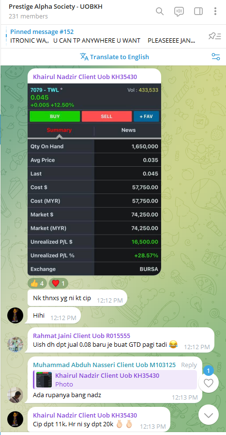 aliffsulaiman6's tweet photo. masa market tgh hot last month, my clients did realized their profits. now the market is not really generous, we are just watching and hunting for bargain deals. 

to be in this kind of traders community, all you need is a good remisier who can advice u on ur trading. sifu sifu yang kau orang bayar tu takdak lesen, kau rugi pun diorang taktau. after all,, charging fee for group membership is so 2020 guys.