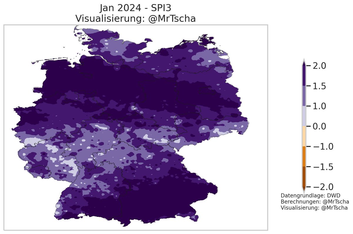 MrTscha's tweet photo. Der dreimonatige SPI (Standardized Precipitation Index) zeigt es an.
In vielen Teilen Deutschlands fiel in den letzten drei Monaten deutlich mehr #Niederschlag als üblich. https://t.co/cQ4KXHBPUN