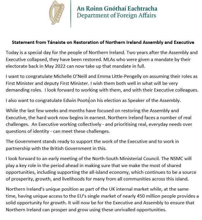 I want to congratulate Michelle O’Neill and Emma Little-Pengelly on assuming their roles as First Minister and deputy First Minister. Look forward to working with them.