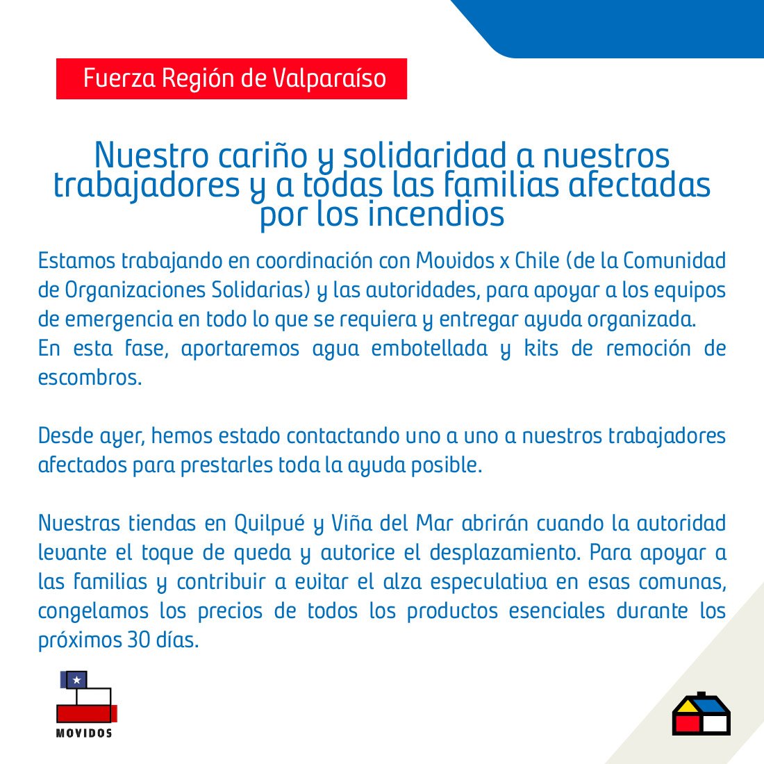Sodimac Homecenter (@homecenter_cl) on Twitter photo Nuestro cariño y solidaridad a toda la Región de Valparaíso. Estamos trabajando en coordinación con <a href="/MovidosxChile/">Movidos x Chile</a> y las autoridades para brindar todo el apoyo y la ayuda que se requiera. Nuestro cariño y solidaridad a toda la Región de Valparaíso. Estamos trabajando en coordinación con <a href="/MovidosxChile/">Movidos x Chile</a> y las autoridades para brindar todo el apoyo y la ayuda que se requiera.