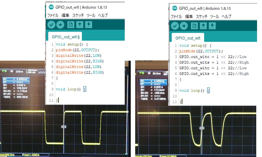 shinichi_nino's tweet photo. #M5Stack #ESP32
#digitalWrite
ポートの動きが遅いなって気になってた。
#Arduino の思想からすると初心者から
使いやすく...わかるけど
ポート叩くだけで約0.3μs
よくお世話になるLangshipさんの紹介
#GPIO.out_wlt
使いやすくて速い♪ 約50ns
@tnkmasayuki
https://t.co/RvslBhDJjn https://t.co/fyuCVktbFj