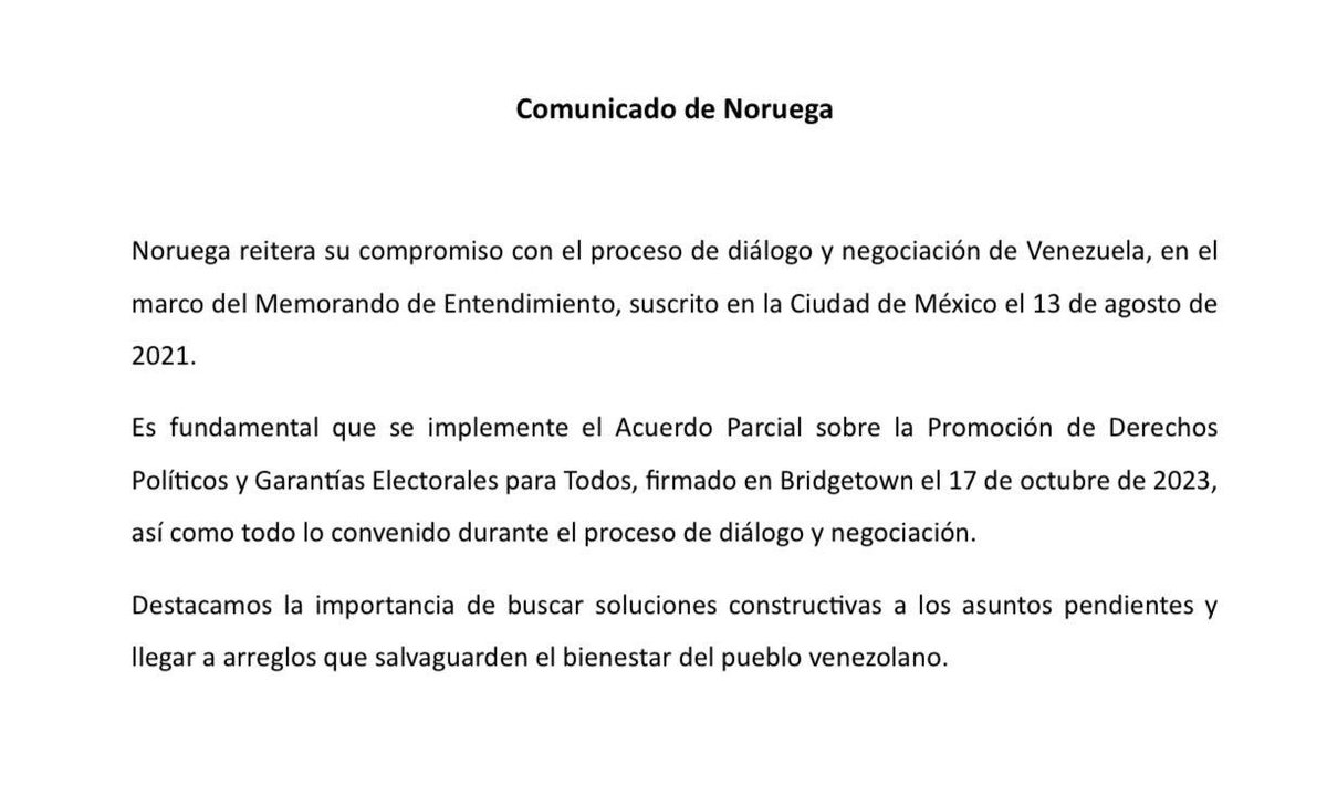 NoruegaMexCA's tweet photo. Comunicado de Noruega sobre el proceso de diálogo y negociación de #Venezuela https://t.co/33lKykg4mF