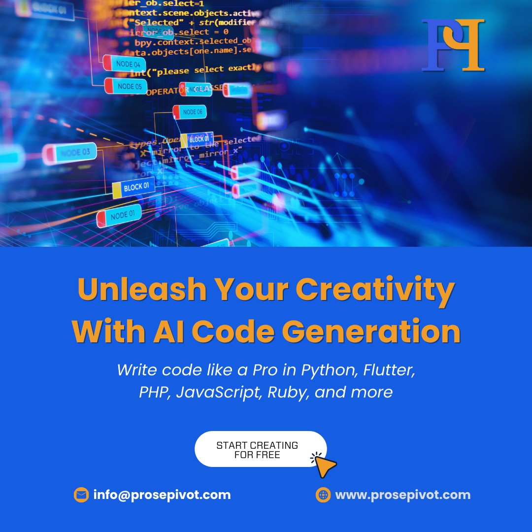 prosepivot's tweet image. Unleash your creativity with AI Code Generation!
Write code like a pro in Python, Flutter, PHP, JavaScript, Ruby, and more with Prose Pivot.
Start creating for free and experience the power of innovative coding. 💻🚀
#AICodeGeneration #ProsePivotInnovation #FreeToCreate