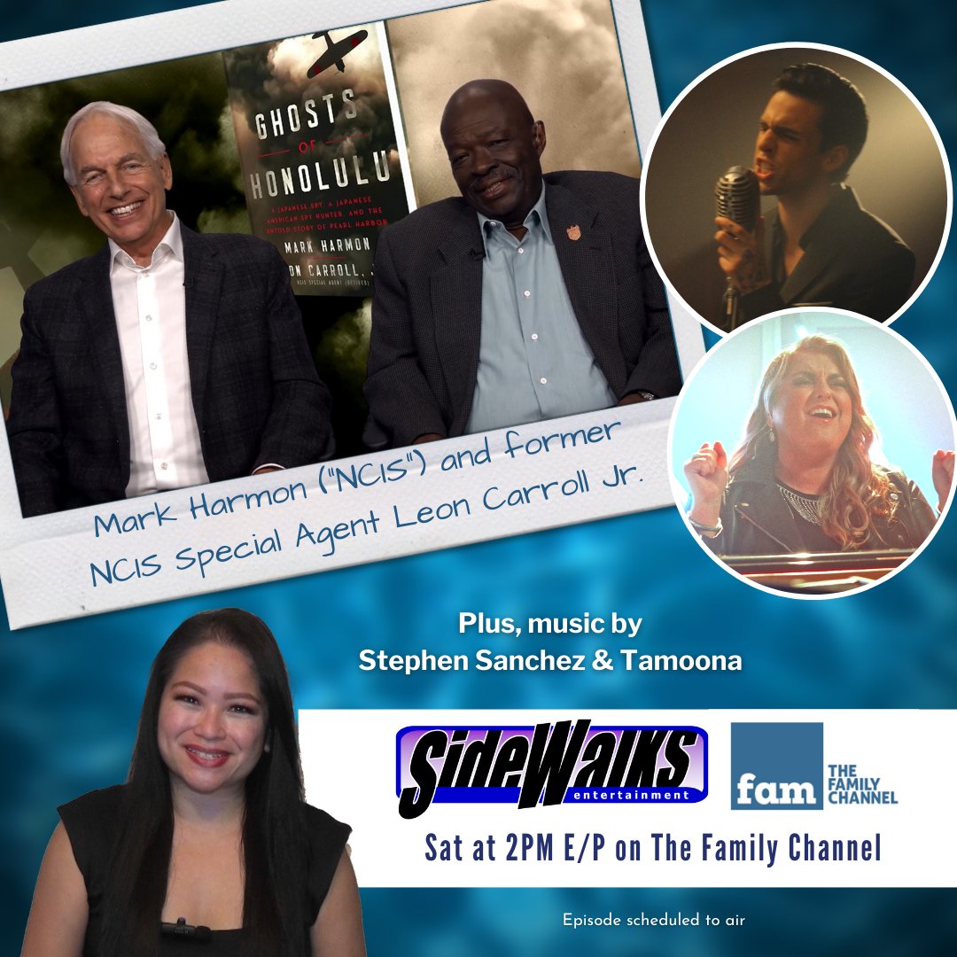 SidewalksTV's tweet photo. Saturday on #TheFamilyChannel at 2PM (E/P):

#MarkHarmon (#NCIS) and former NCIS Special Agent #LeonCarrollJr. (authors of #GhostsofHonolulu); music by #StephenSanchez and #Tamoona.

#itsrealgoodtv #Network #broadcast #telecast #USA #Saturday #celebrity #interview #music https://t.co/yLvhRh4LS6