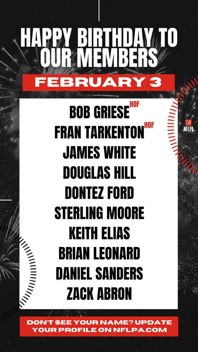 Happy birthday to our members @Fran_Tarkenton @sweetfeet_white @Dontez_Ford @SterlingMoore @keithelias20 @Brian40Leonard - Happy Birthday, enjoy your day!