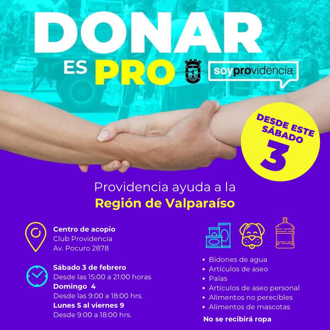 Como les comenté, desde <a href="/Muni_provi/">Muniprovi</a> iniciaremos la cruzada solidaria en ayuda a la Quinta Región. Desde ya pueden ir a dejar su cooperación al Club Providencia. Al igual que en otras ocasiones, 𝐍𝐨 𝐬𝐞 𝐫𝐞𝐜𝐢𝐛𝐞 𝐫𝐨𝐩𝐚. Solo alimentos no perecibles, agua, artículos de aseo