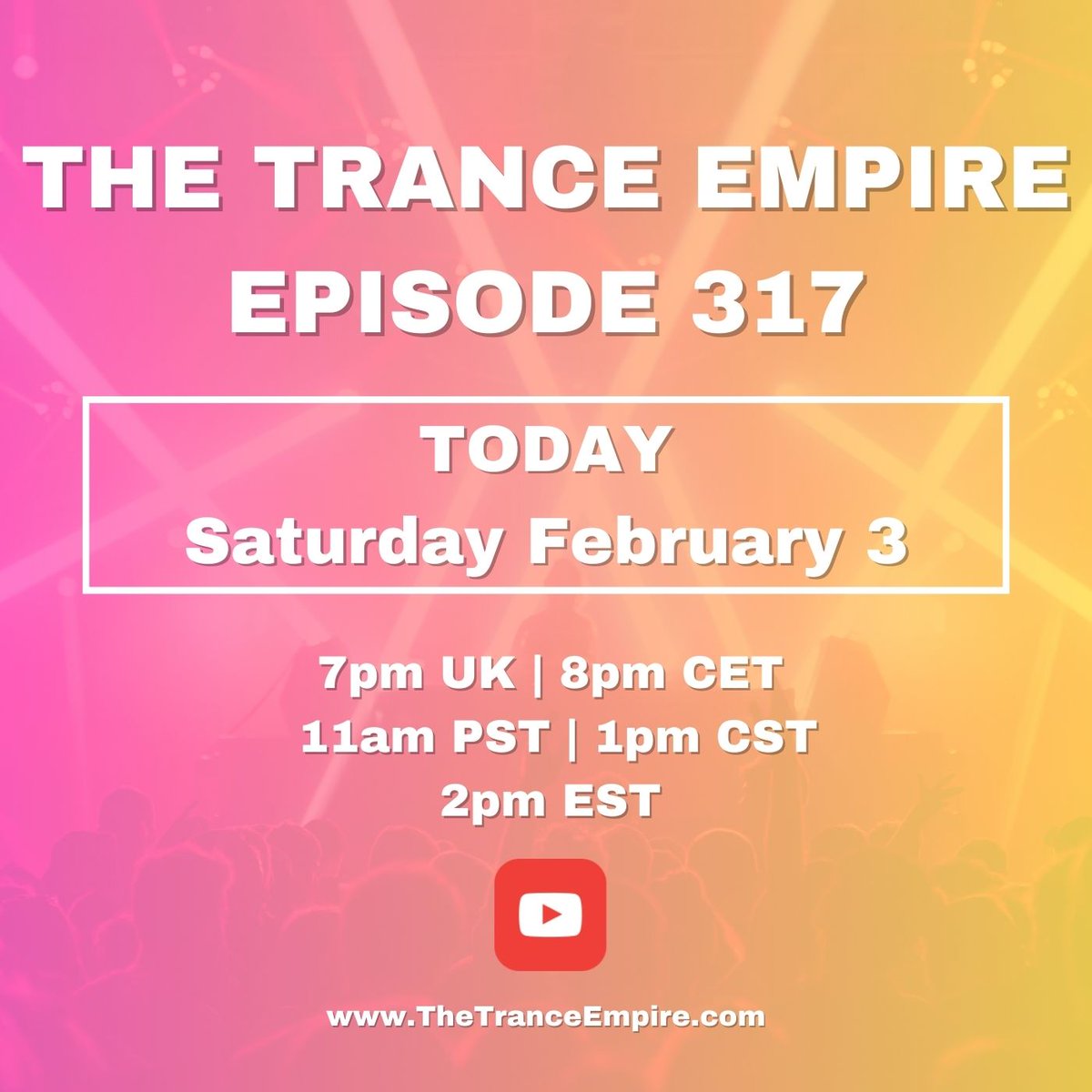 A huge two hours of Trance music awaits you on episode 317 of The Trance Empire today 🙌 Join us on YouTube for the premiere with @RodmanOfficial and chat with us live 🔥

Watch👉 lnk.to/TTE317

#Trance #Trancefamily #Trancemusic