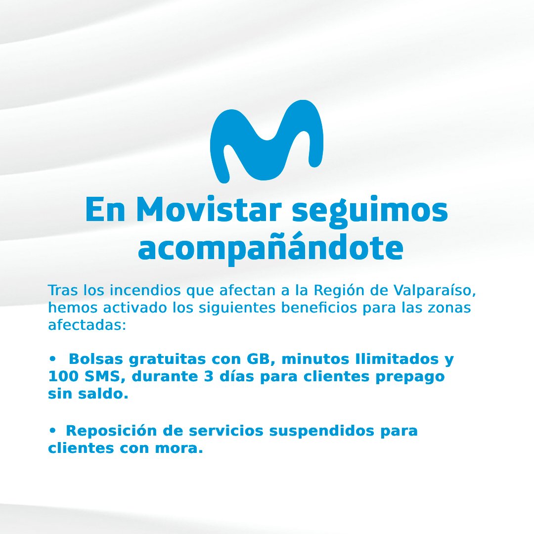 MovistarChile's tweet photo. En Movistar seguimos acompañándote. 💙 Conoce nuestras medidas para mantener la conectividad de las personas en las comunas afectadas por los incendios en la Región de Valparaíso. https://t.co/2IroLMfbbD