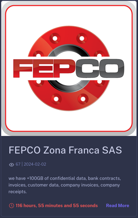 _venarixES_'s tweet photo. El grupo #Knight #ransomware afirma haber #hackeado a #FEPCO Zona Franca SAS (https://t.co/WDJhIrKlR5), con sede en #Bogota y operaciones en #Cartagena, #Colombia 🇨🇴, fabrica y suministra equipos para la industria del #petróleo y #gas...
#ciberataque
#oilandgas https://t.co/Rb06MigPfH