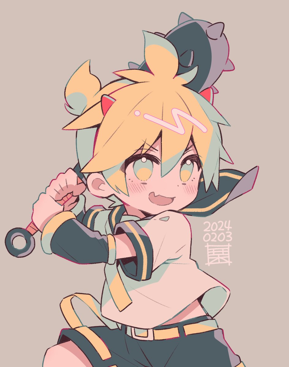 kagamine len 1boy male focus blonde hair club (weapon) spiked club horns shorts  illustration images