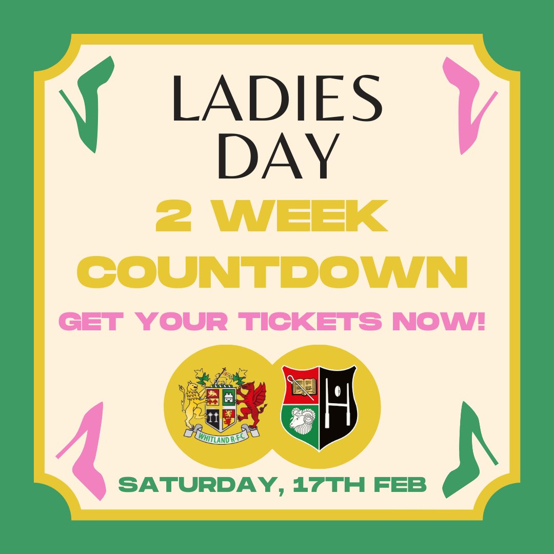🟢 WHITLAND RFC 🟢 

The countdown is on for our Annual Ladies Day, 2 weeks &amp; counting!! 💃🏼🥂 

Ladies Day is fast approaching, with limited tickets left, you don’t want to miss out on what is set to be a brilliant day! 

£15pp - message us if you would like a ticket! 🎟️ 🥂