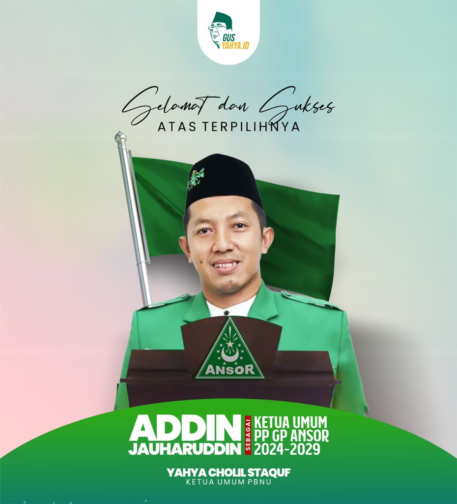 Selamat kepada Addin Jauharudin yang telah ditetapkan sebagai Ketua Umum PP GP Ansor 2024-2029 dalam Kongres XVI GP Ansor di Perairan Laut Jawa, (2/2/24). Semoga amanah besar dengan tantangan-tantangan barunya senantiasa bisa diretas dengan baik dan cemerlang.