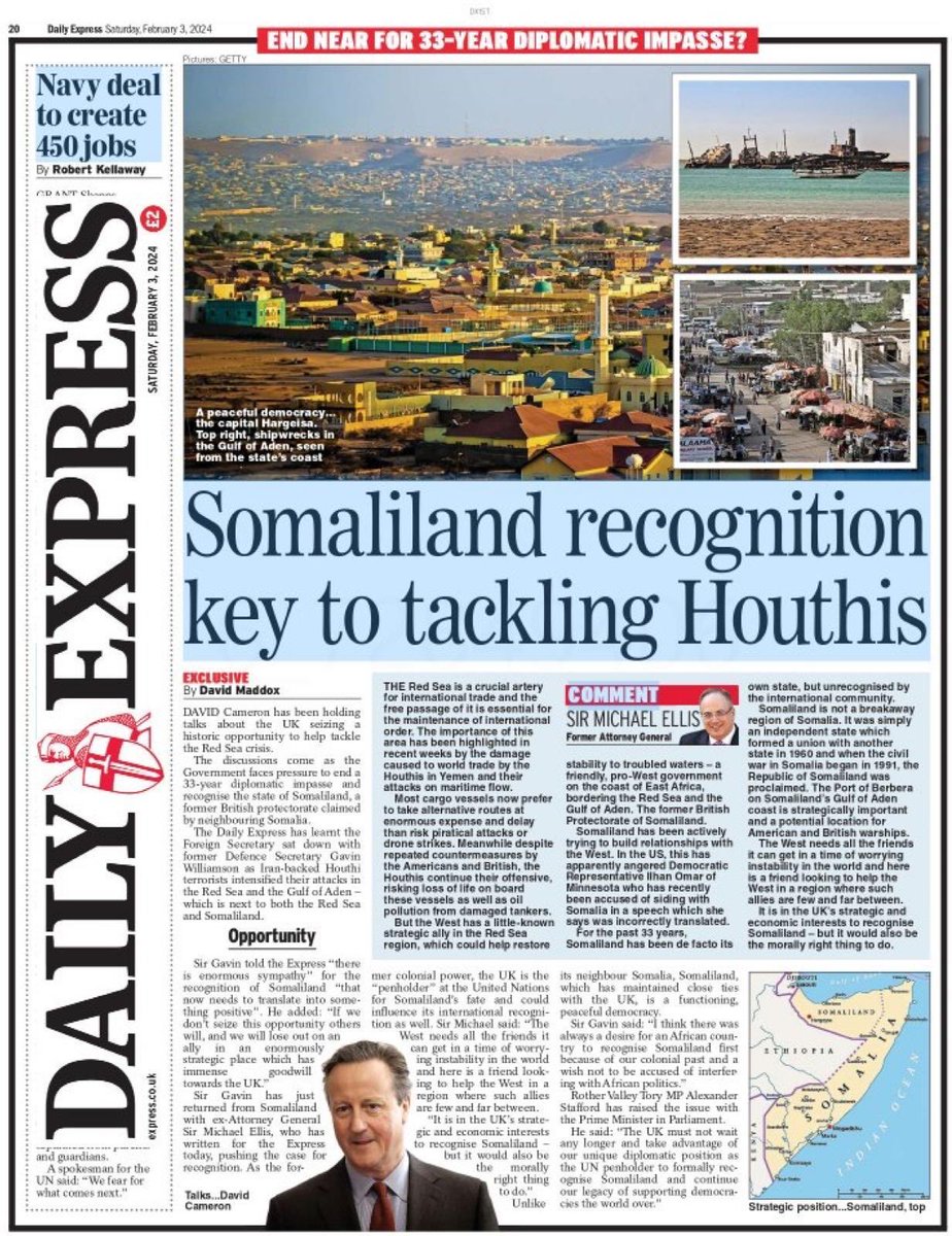 RepOfSomaliland's tweet photo. 📰🚨Hot off the press: @Daily_Express
#UK 🇬🇧 underscores the strategic importance of recognizing #Somaliland as a key to resolving the #Houthi conflict and enhancing stability in the region. #RecognizeSomalilandNow #55tState #StrategicDiplomacy https://t.co/pd5JDuEgIM