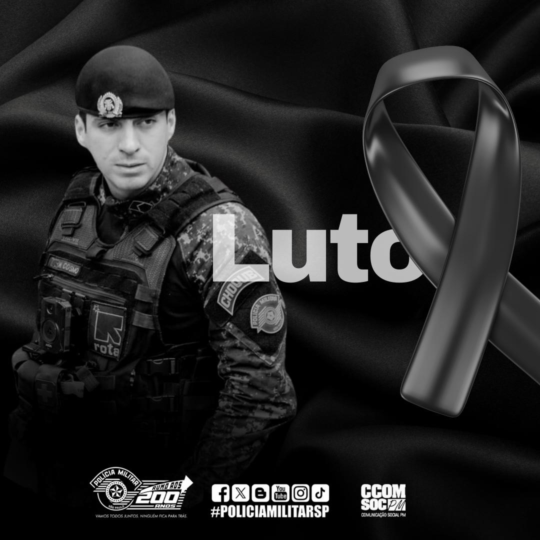 PMESP's tweet photo. Com pesar, a Polícia Militar lamenta a morte do Soldado Samuel, do 1º Batalhão de Polícia de Choque, vítima do ataque covarde de criminosos, em Santos/SP, nesta sexta-feira (2). Estendemos nossas condolências e reforçamos o apoio à família, amigos e à comunidade policial-militar. https://t.co/8Tk4NS4bq0