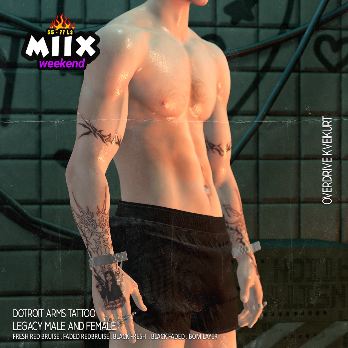 Overdrivestd's tweet photo. OVERDRIVE KVEIKURT STUDIO| MIIX WEEKEND  | FEB 3/4 ROUND!  " DOTROIT ARMS TATTO"  RED BRUISE VER: • FRESH , FADED  BLACK VER: • FRESH , FADED  BOM LAYER  FIT FOR : •LEGACY MALE &amp; FEMALE  #secondlife #virtualphotography #miixweekend #sale #weekendsale https://t.co/TY5FhMqAl9