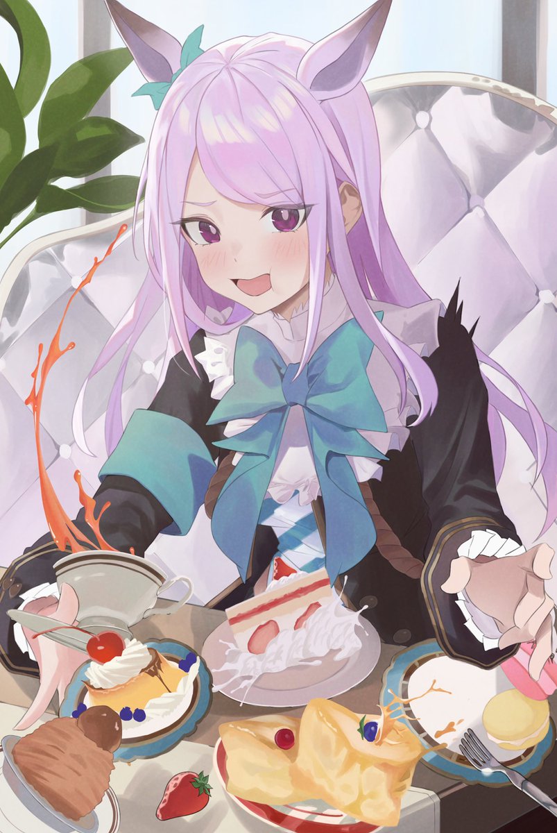 mejiro mcqueen (umamusume) 1girl animal ears horse ears long hair food solo purple hair  illustration images