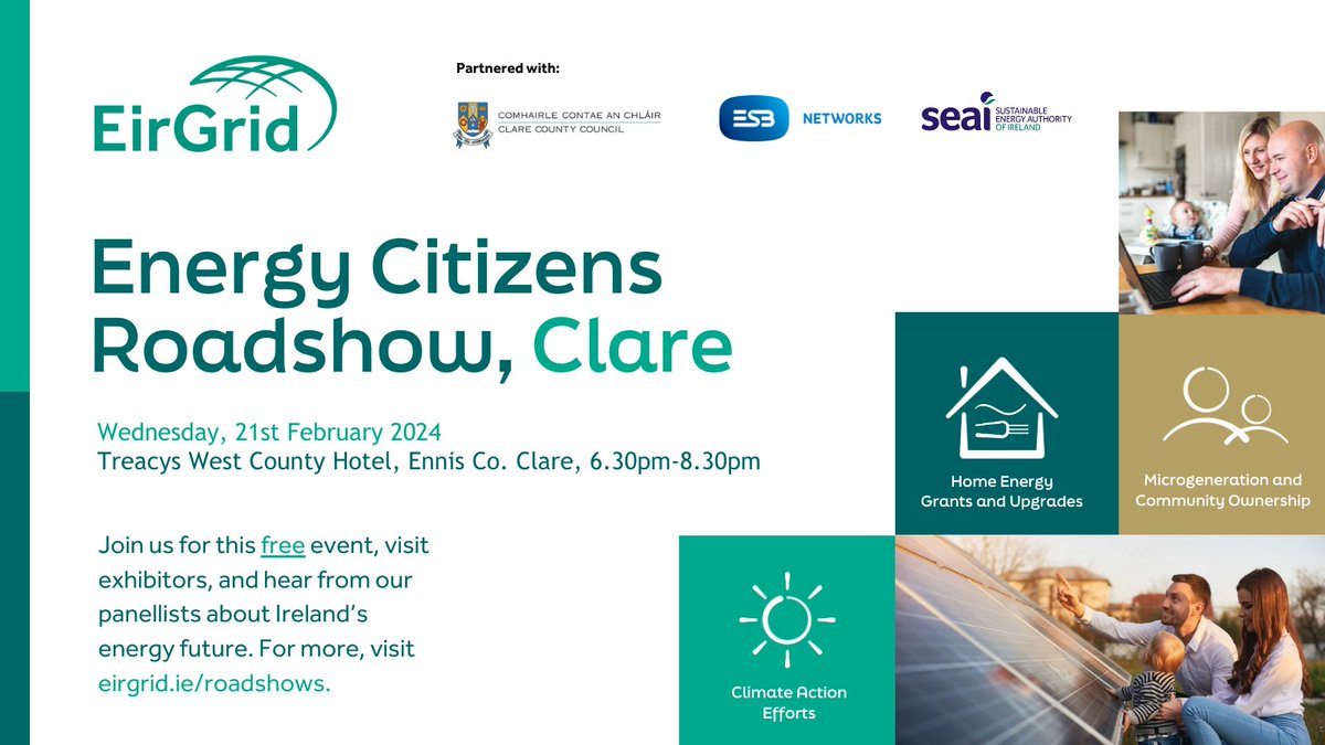 📢 Would you like to hear about the future of #energy in #Clare. Are you interested in #homeenergy upgrades or #retrofittinggrants? EirGrid will be hosting the Energy Citizens Roadshow @WestCountyEnnis 21 February, 2024. ℹ️ Register for this #freeevent: consult.eirgrid.ie/en/content/eir…
