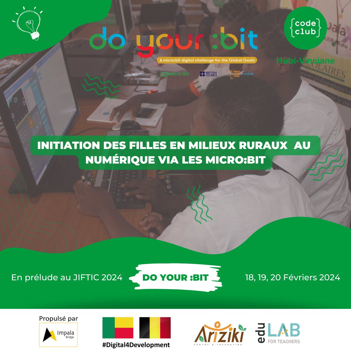 🗓️Ces 18, 19 et 20 février, à #Ariziki_hub, nos #championnes s’initieront à la programmation avec nos #microbitchampions via le #doyourbitwithmicrobit challenge et réaliserons des projets axés sur les ODD et pouvant impacter leur localité. 
<a href="/microbit_edu/">Micro:bit Educational Foundation</a> 
<a href="/ImpalaBridge/">ImpalaBridge 📚✏️🖥🎲</a>