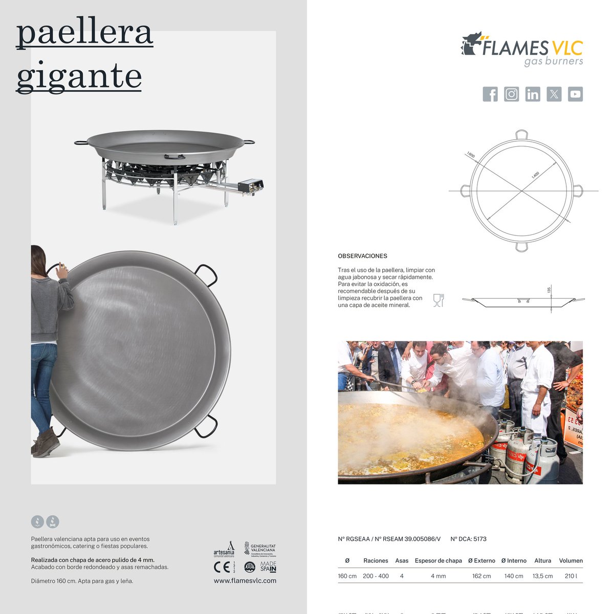 ⚠️¿Necesitas información de cualquiera de los productos Flames VLC?⚠️ Con las fichas técnicas tendrás toda la info que necesites. Paellera gigante Flames VLC: 👉Diámetro: 160cm 👉Espesor: 4mm 👉Raciones: 200-400. #eventos #catering #fiestas