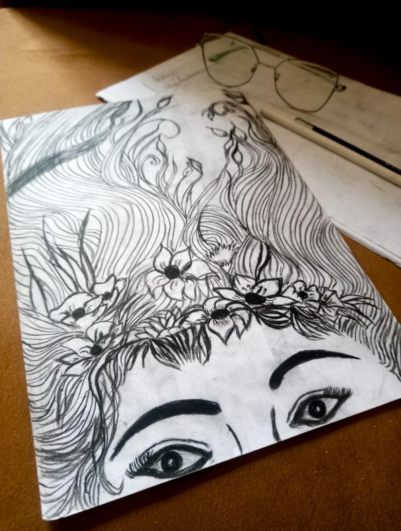 Charcoal's allure, a woman's gaze ensnared,
Flower-crowned, her hair a canvas fair.
With eyes of command, glasses perched just right,
Abstract lips speak, emotions taking flight.

In colorful chaos, her spirit unfurled, truths unveiled, vibrant, vivid and sheer.