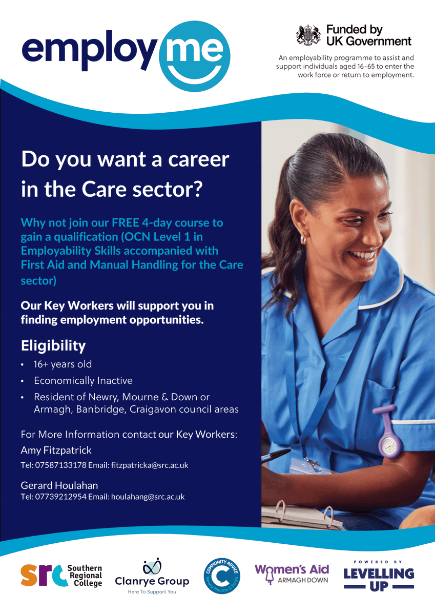 If you want to make a difference, join the care sector. It’s not just a job, it’s a calling.👩‍⚕️ You can also get FREE qualifications to boost your career. For details, contact: Amy 📧 fitzpatricka@src.ac.uk 📞075 8713 3178 Gerard 📧 houlahang@src.ac.uk 📞 077 3921 2954