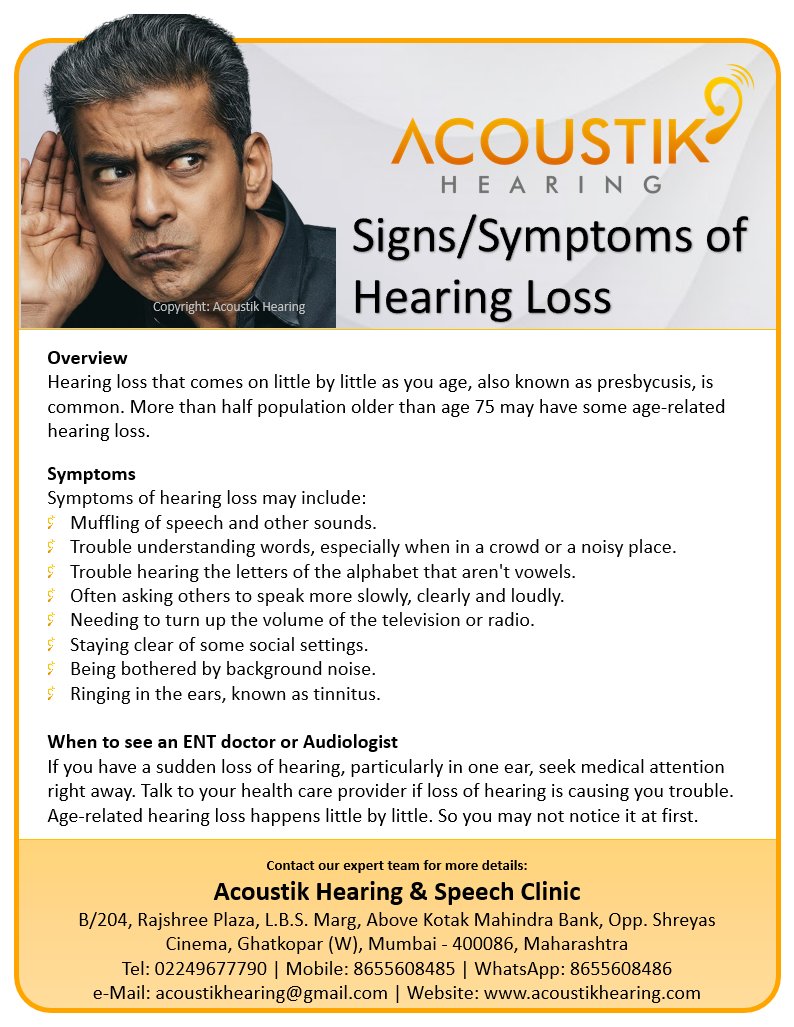 Signs of hearing loss & when to see a doctor? 

#hearingaid #hearingloss #Hearing #audiologist #acoustikhearing #digitalhearingaids #HearingClinic #kaankimachine #waterproofhearingaid #Bluetoothhearingaids #Mumbai #hearingsolution #earmachine #hearingmachine